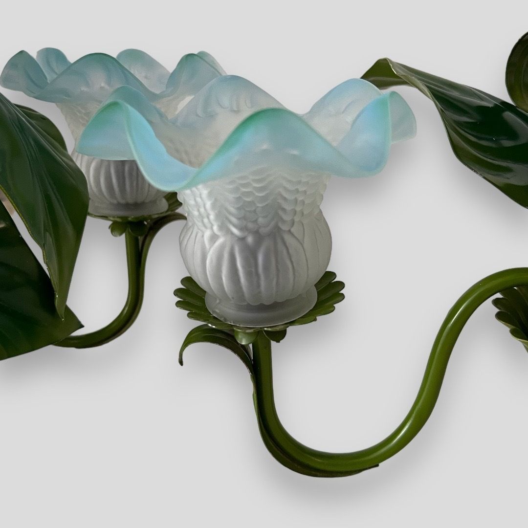 A Fantastic Pair Of Italian Metal 1960s Chandeliers With Painted Nalla Lilies photo vinterior