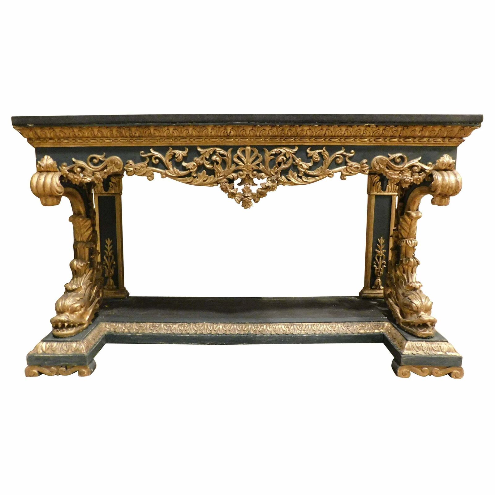 Gilded And Lacquered Console In Richly Carved Wood, Black Marble Top, Italy