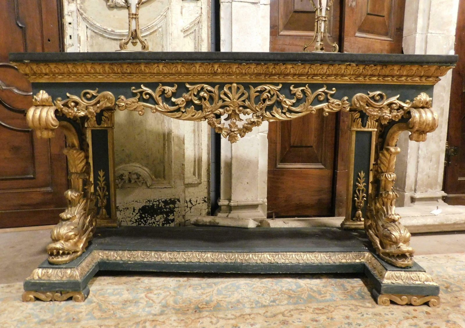 Gilded And Lacquered Console In Richly Carved Wood, Black Marble Top, Italy photo furniture
