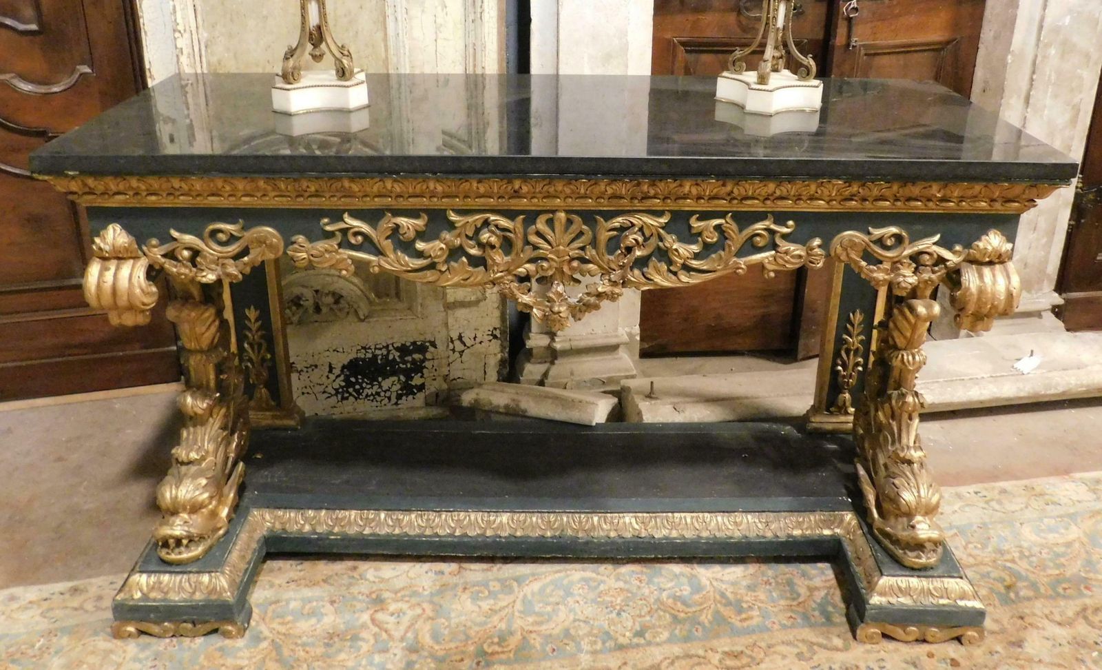 Gilded And Lacquered Console In Richly Carved Wood, Black Marble Top, Italy photo for sale