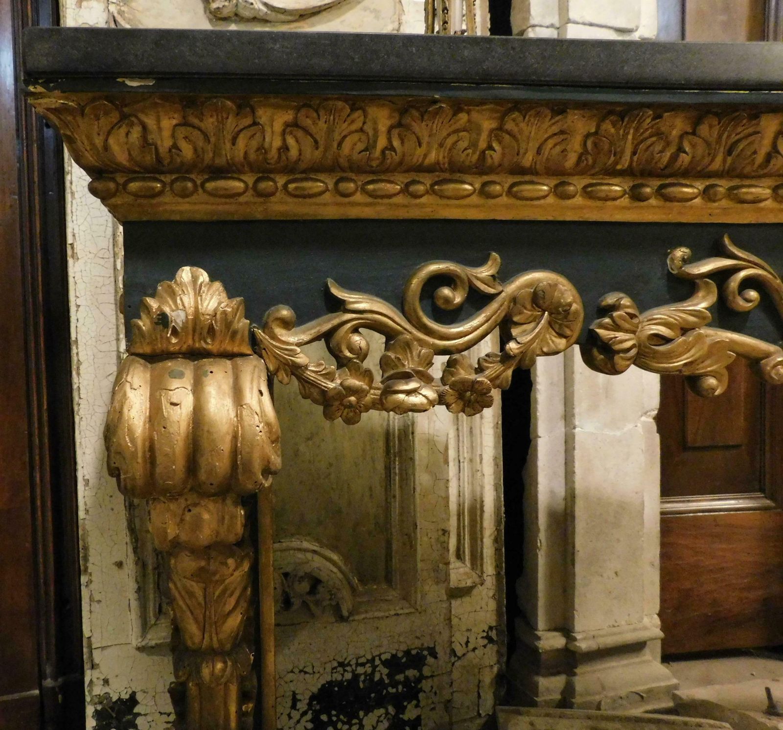 Gilded And Lacquered Console In Richly Carved Wood, Black Marble Top, Italy photo 3367.0