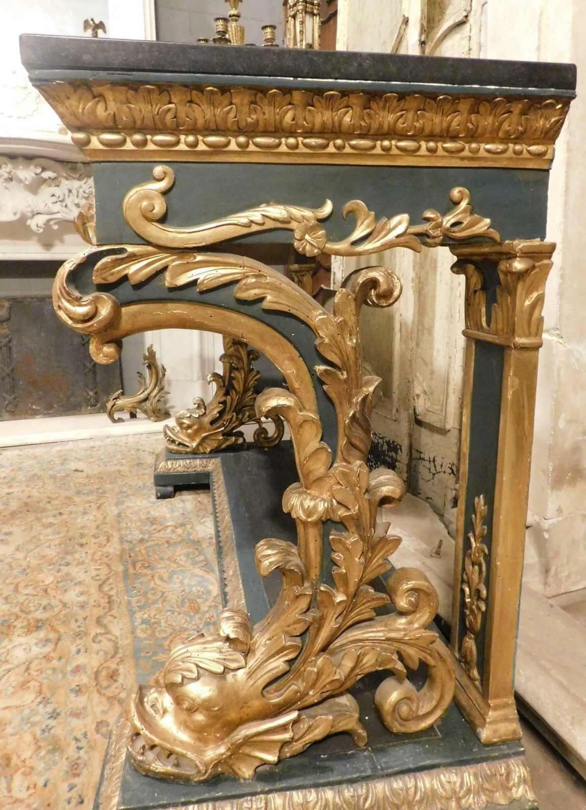 Gilded And Lacquered Console In Richly Carved Wood, Black Marble Top, Italy photo vintage