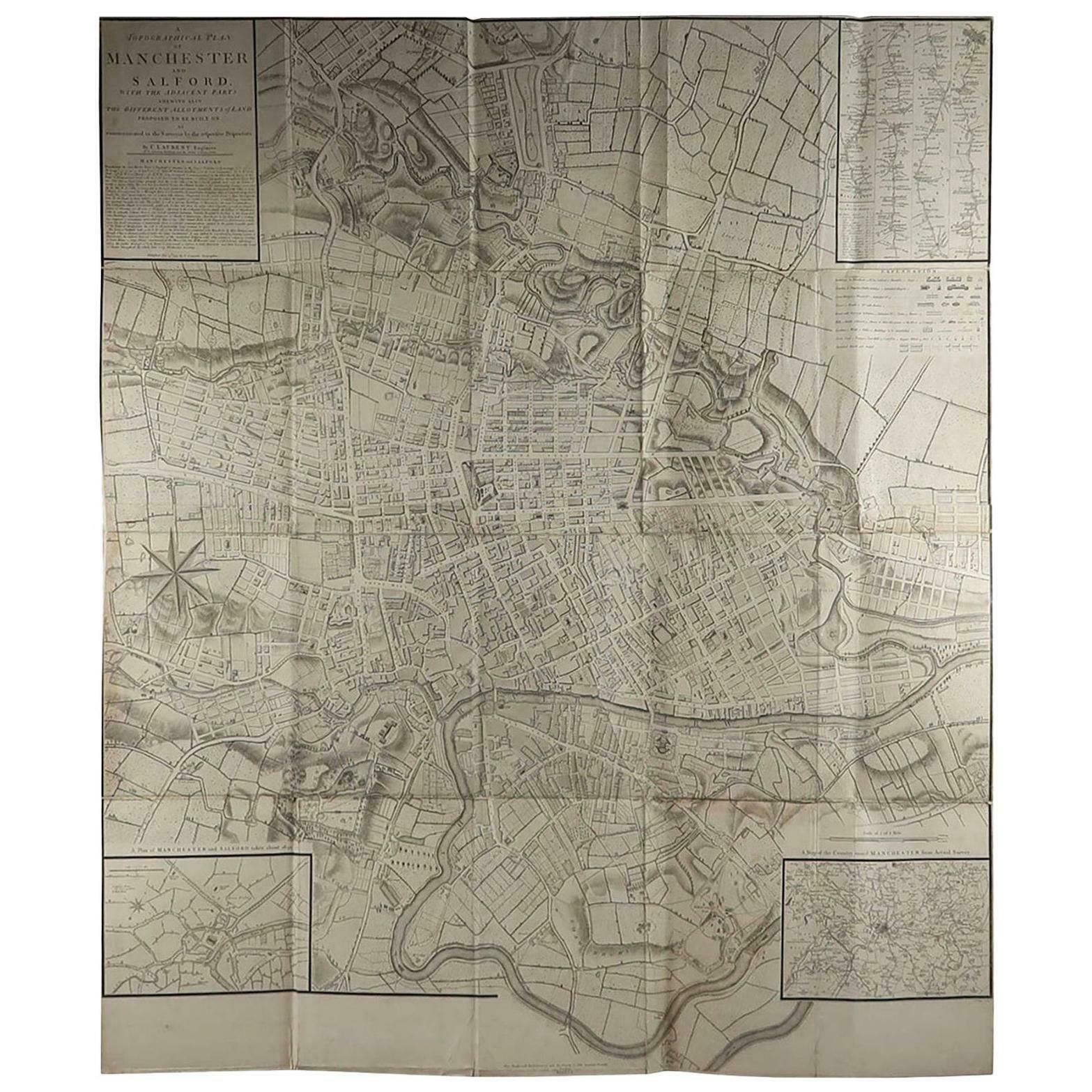 Large Original Antique Folding Map Of Manchester, England, Dated 1793 photo furniture