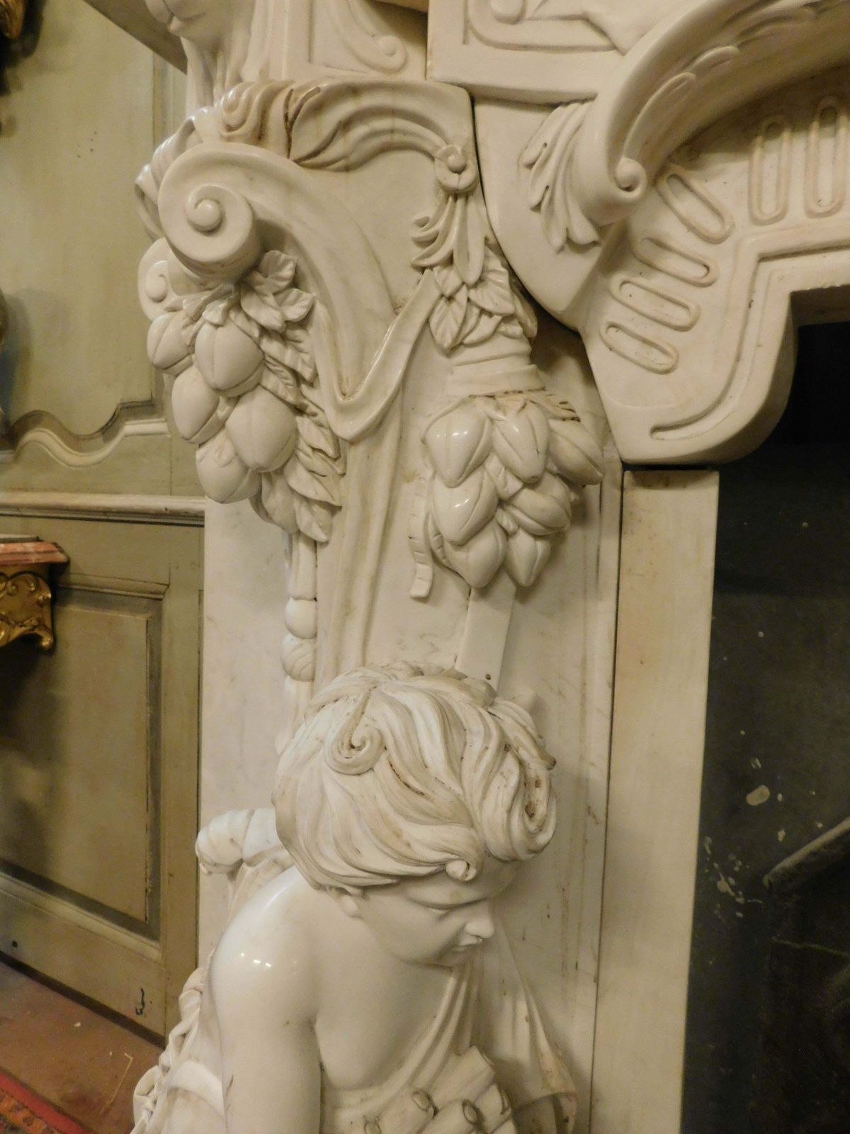 photo for sale White Statuary Marble Fireplace, Richly Carved With Cherubs, Cupid, Dogs, Italy