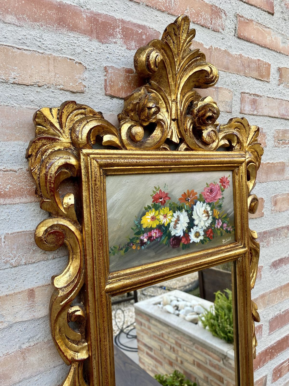 Home Decor French Gilt Carved Wall Mirror In French Rococo Style With Oil Painting Of Floral Motifs photo