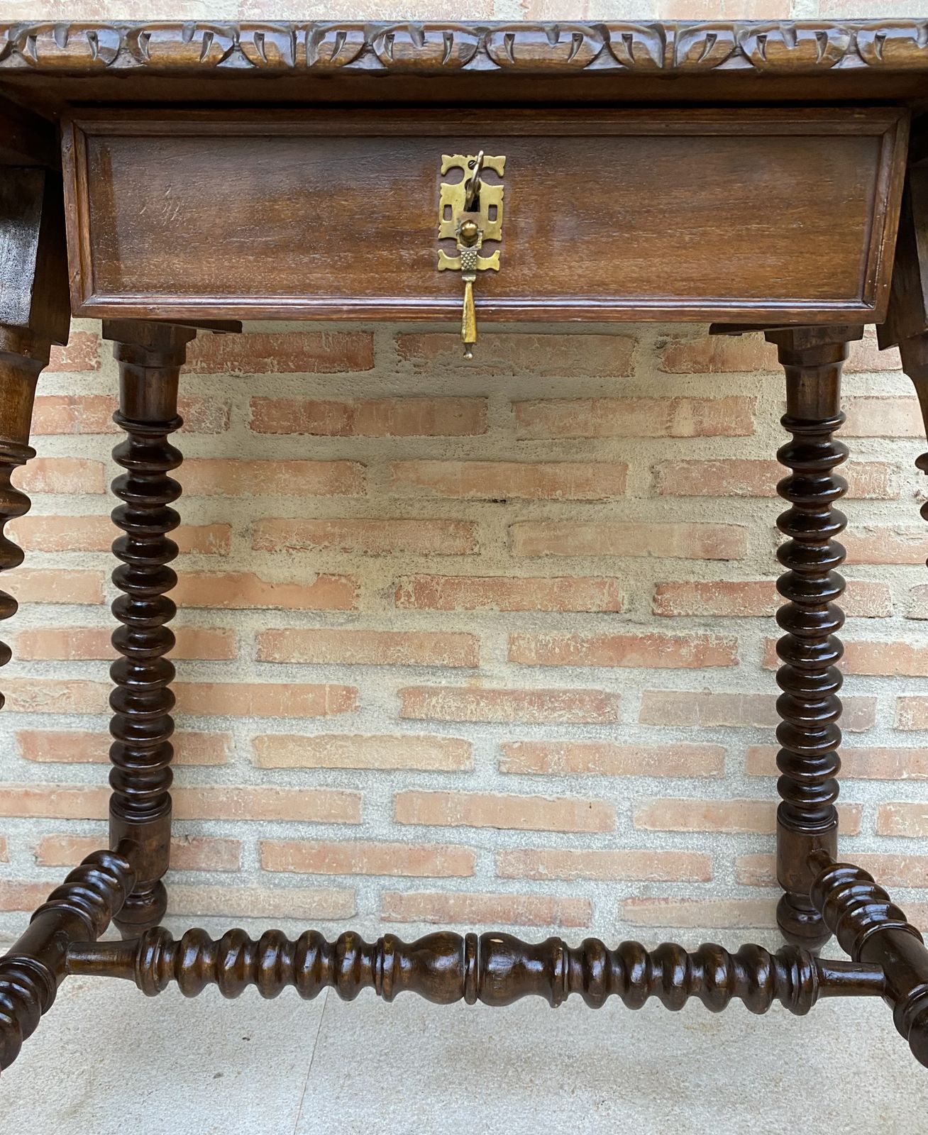 Mid 20th Century French Walnut Carved Side Table With Turned Legs And Stretcher photo furniture
