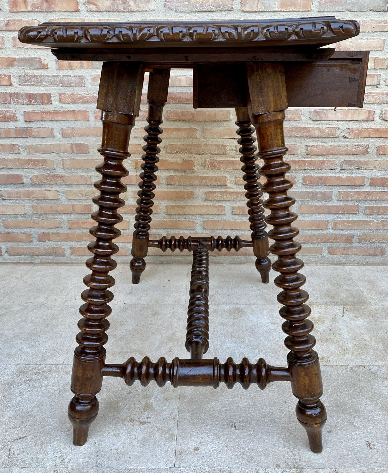 Mid 20th Century French Walnut Carved Side Table With Turned Legs And Stretcher photo for sale