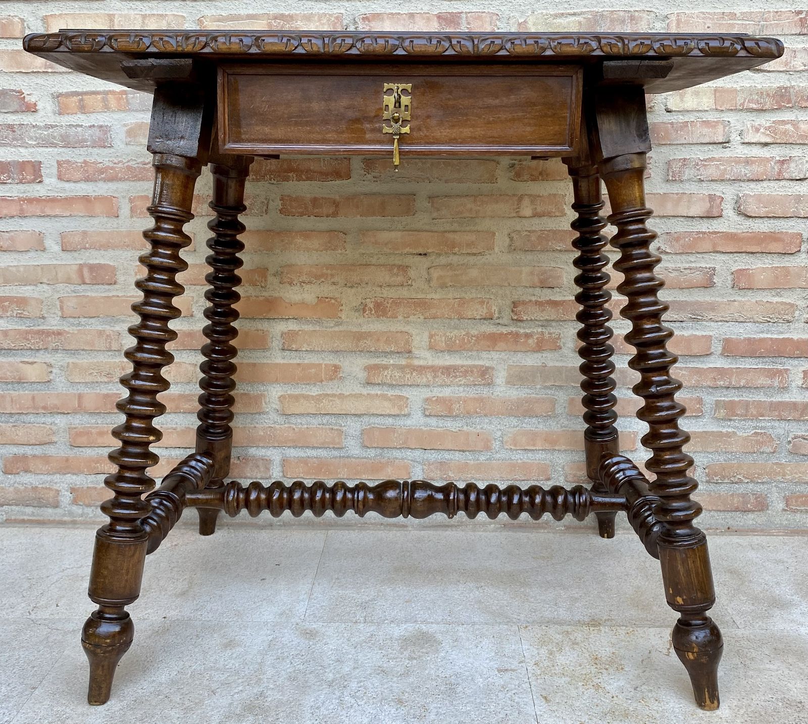 Mid 20th Century French Walnut Carved Side Table With Turned Legs And Stretcher photo vinterior