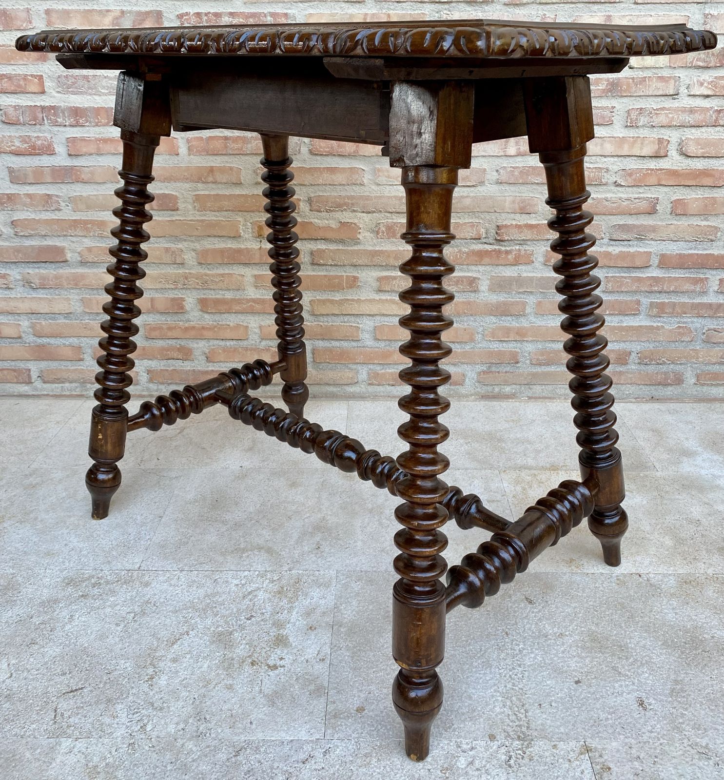 Furniture Mid 20th Century French Walnut Carved Side Table With Turned Legs And Stretcher photo