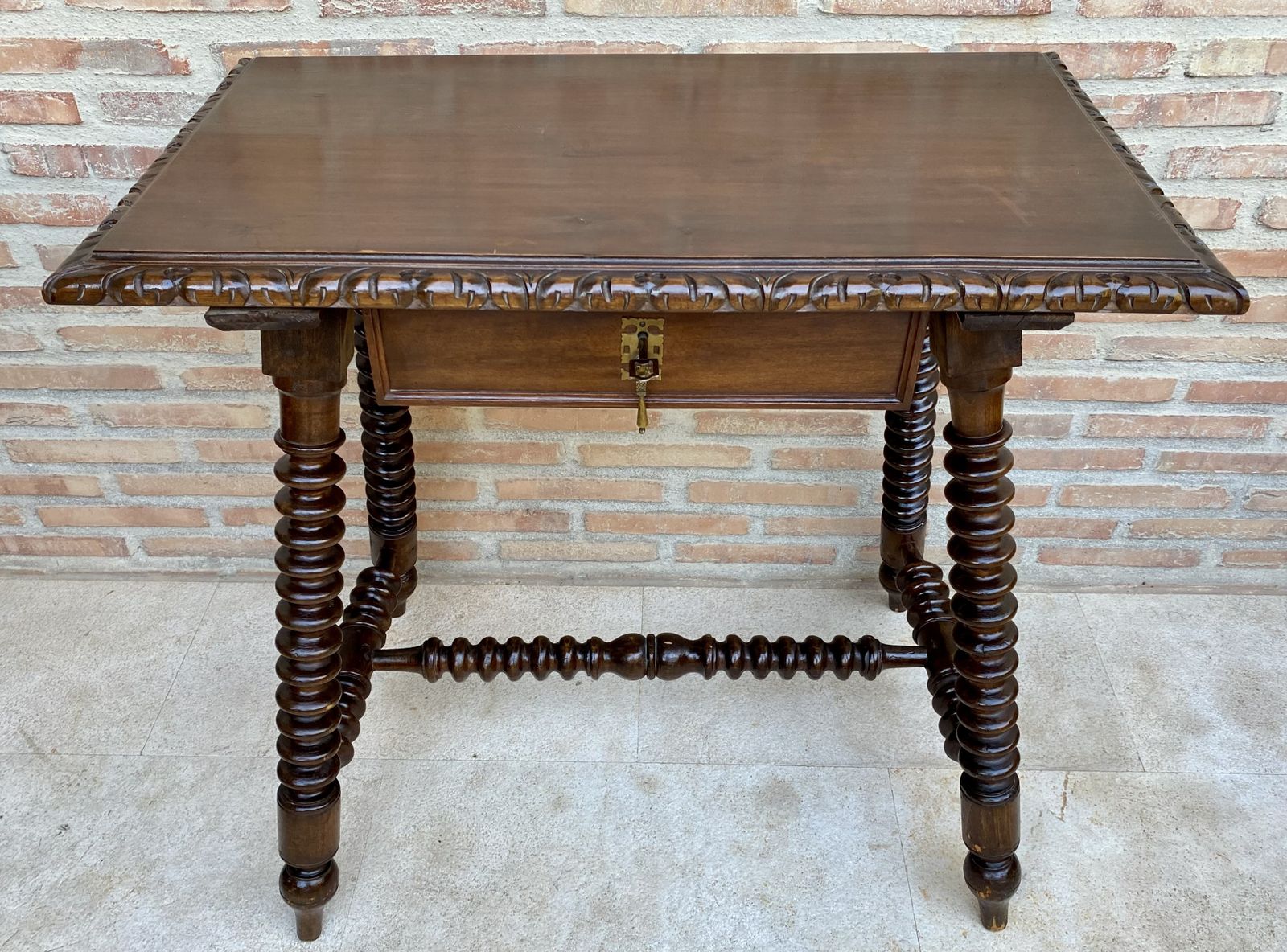 photo buy Mid 20th Century French Walnut Carved Side Table With Turned Legs And Stretcher