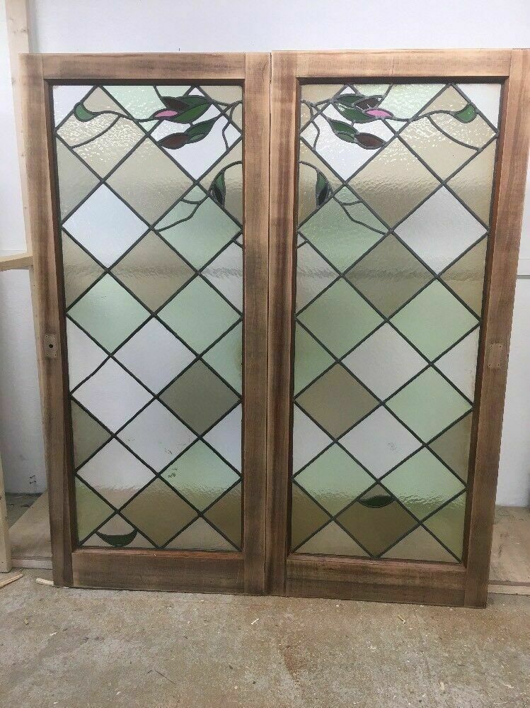 Stained Glass Doors Antique Period Reclaimed French Double Lead Lattice Wood photo vintage