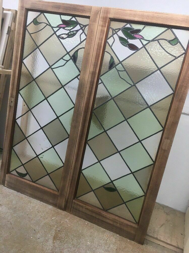 photo furniture Stained Glass Doors Antique Period Reclaimed French Double Lead Lattice Wood