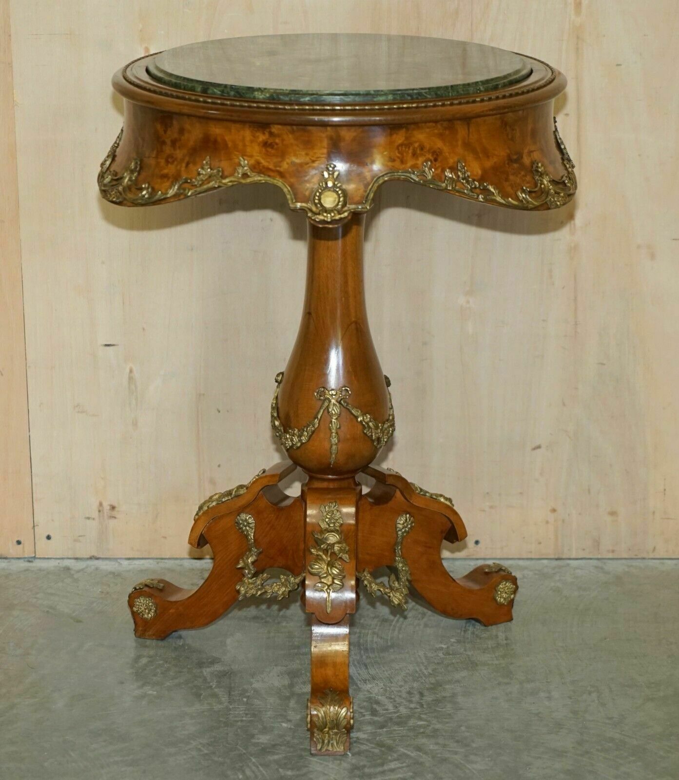 Pair Of Antique French 1880 Burr Walnut, Gilt Brass Green Marble Side End Tables photo for sale