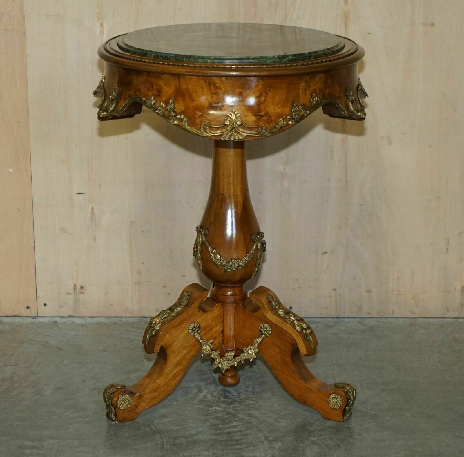 Pair Of Antique French 1880 Burr Walnut, Gilt Brass Green Marble Side End Tables photo Furniture