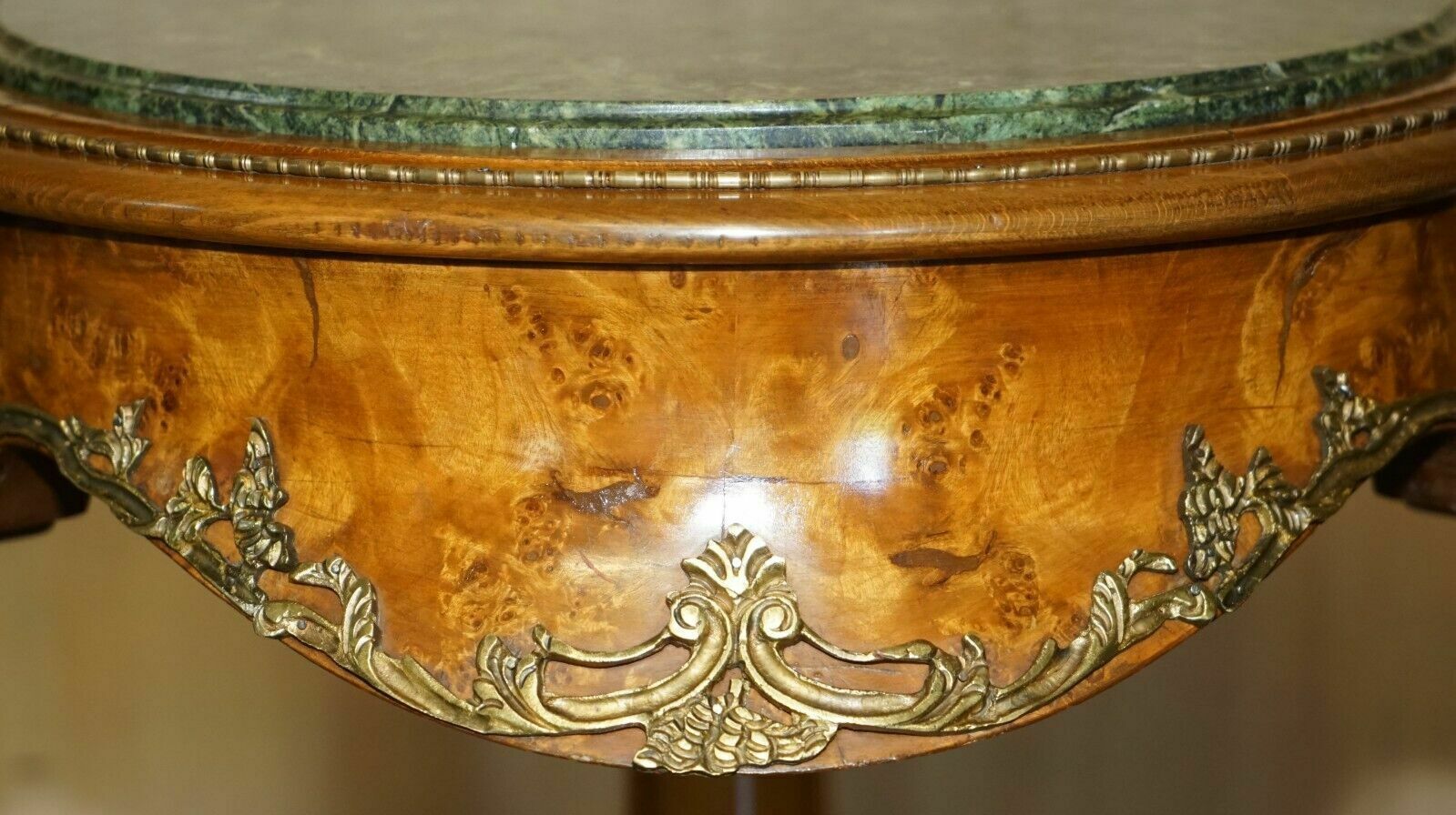 Pair Of Antique French 1880 Burr Walnut, Gilt Brass Green Marble Side End Tables photo vinterior