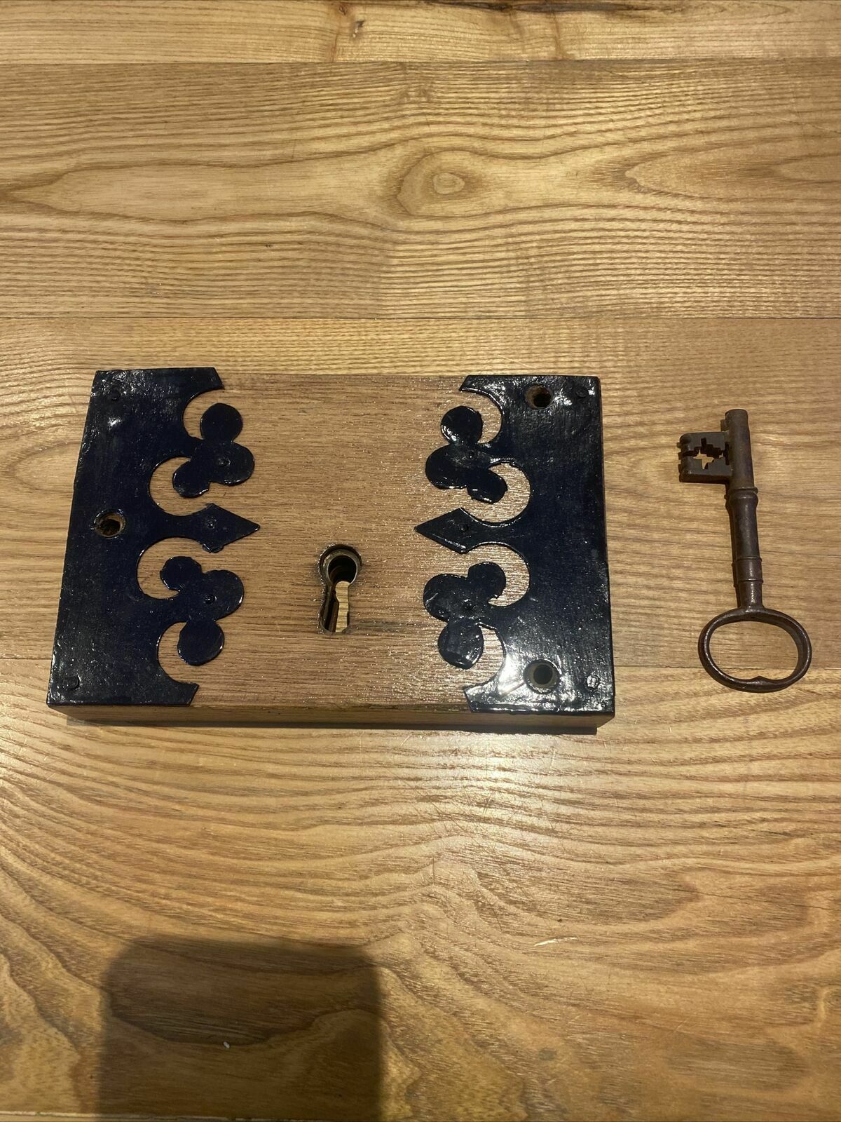 Large Gothic Revival Antique Rim Lock Key Reclaimed Period Oak Iron Refurbished