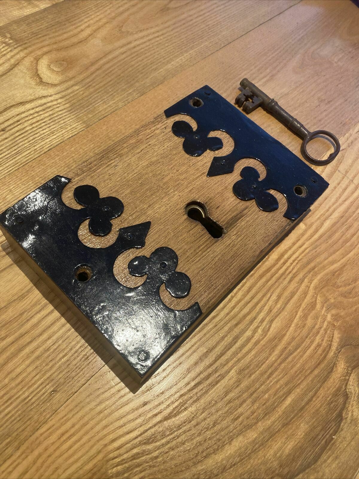 Large Gothic Revival Antique Rim Lock Key Reclaimed Period Oak Iron Refurbished photo furniture