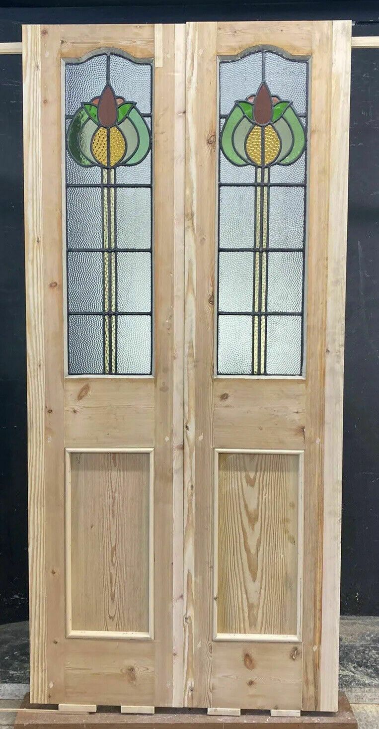Edwardian Stained Glass Doors Antique Period Reclaimed Old French Double Leaded photo buy