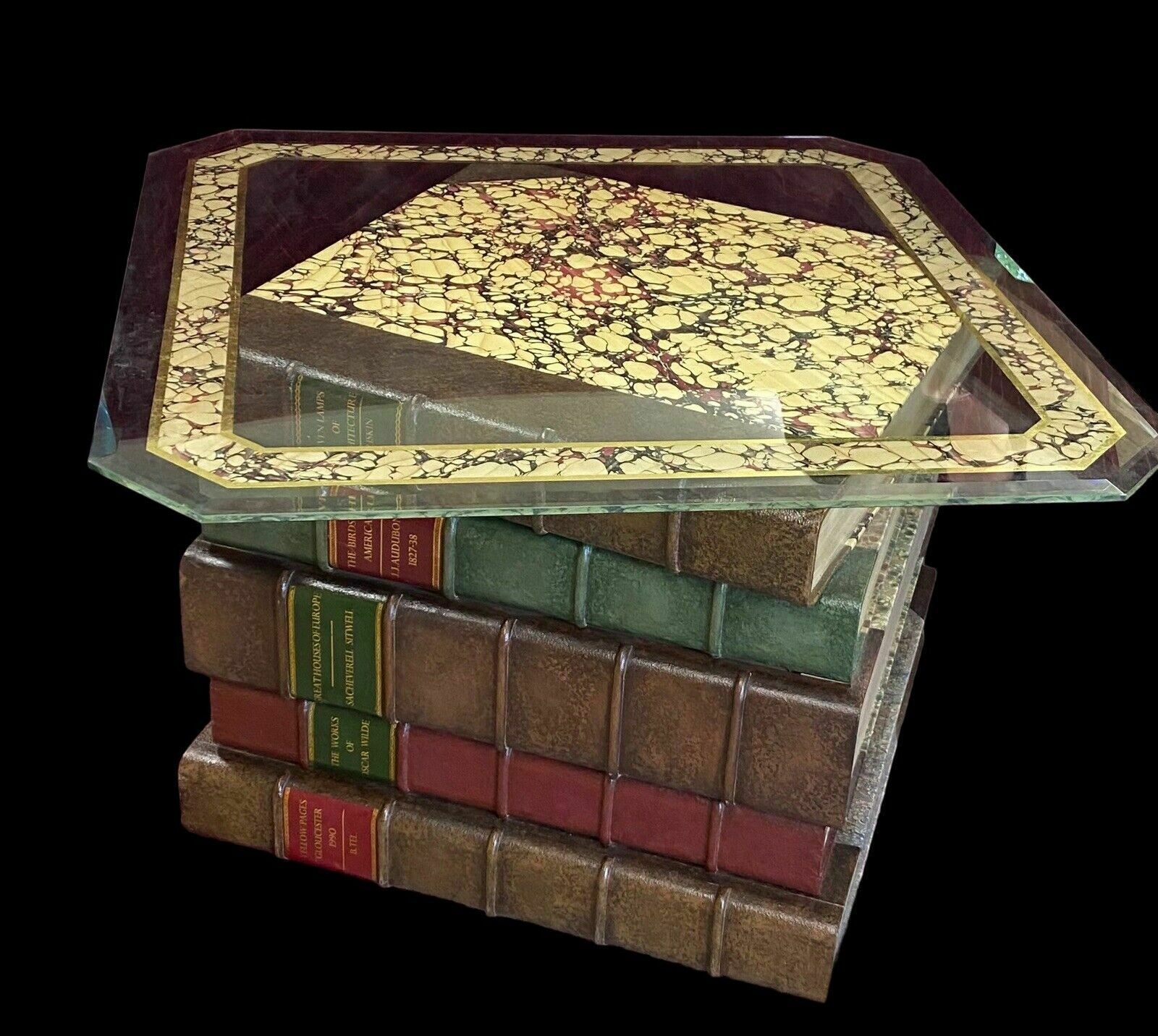 Stunning Stacked Leather Book Form Coffee Table Ocasional Side Bevelled Glass