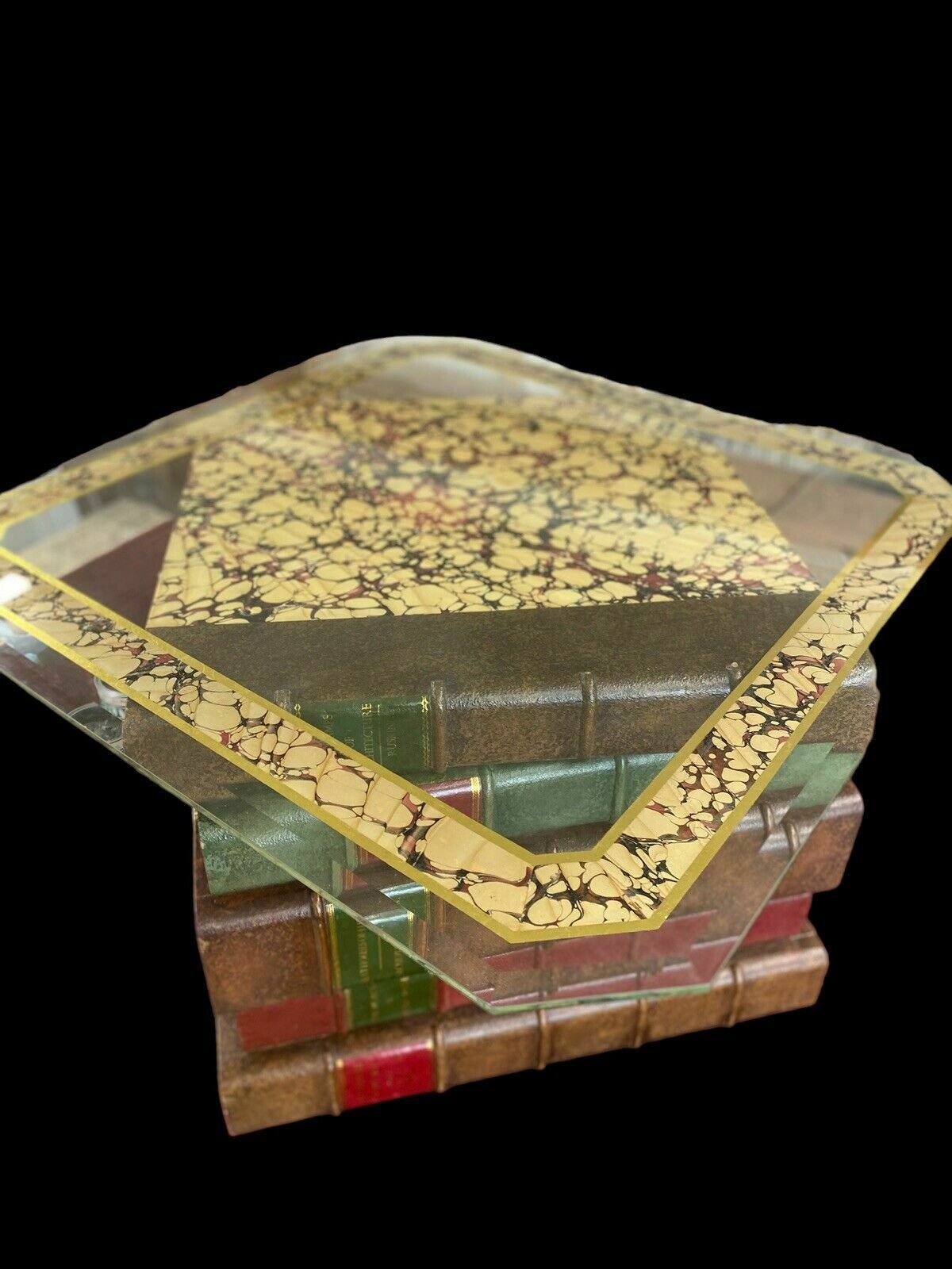 Stunning Stacked Leather Book Form Coffee Table Ocasional Side Bevelled Glass photo furniture