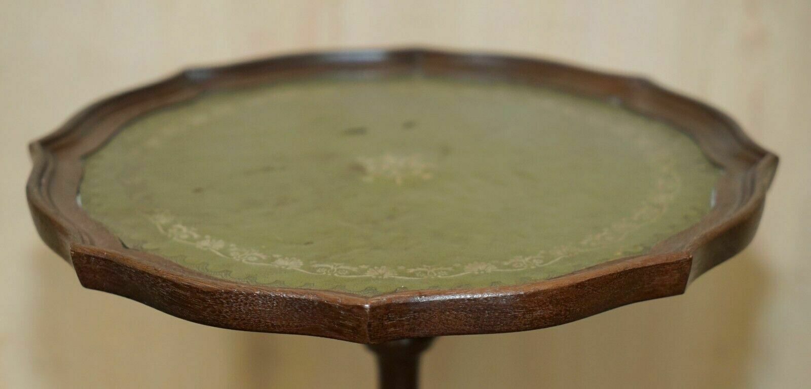 Luxury Green Leather With Gold Leaf Inlay Mahogany Tripod Lamp Side End Table photo Furniture