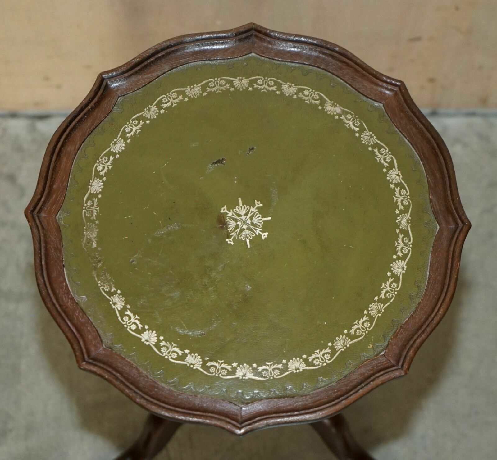 photo for sale Luxury Green Leather With Gold Leaf Inlay Mahogany Tripod Lamp Side End Table