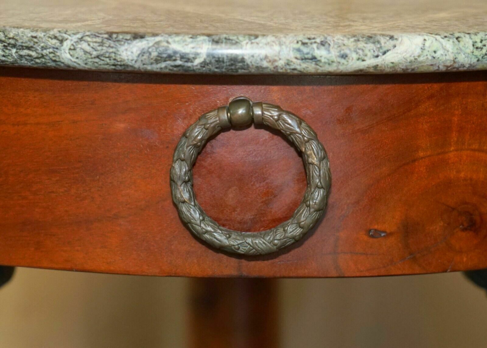 Large Vintage French Oak, Bronzed Brass, Marble Top Occasional Side Wine Table photo vinterior