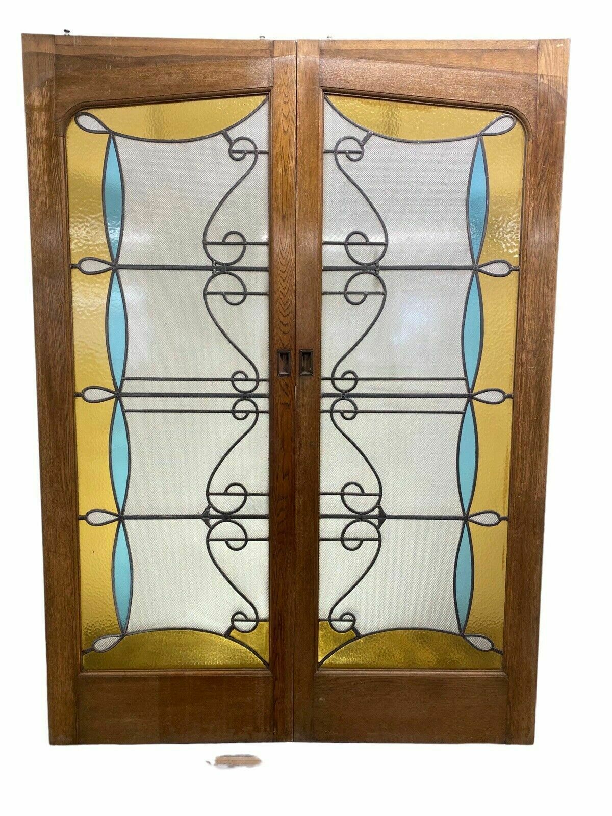 Solid Oak Sliding Art Deco Stained Glass Doors Antique Period Reclaim Old Lead photo Home Fixtures