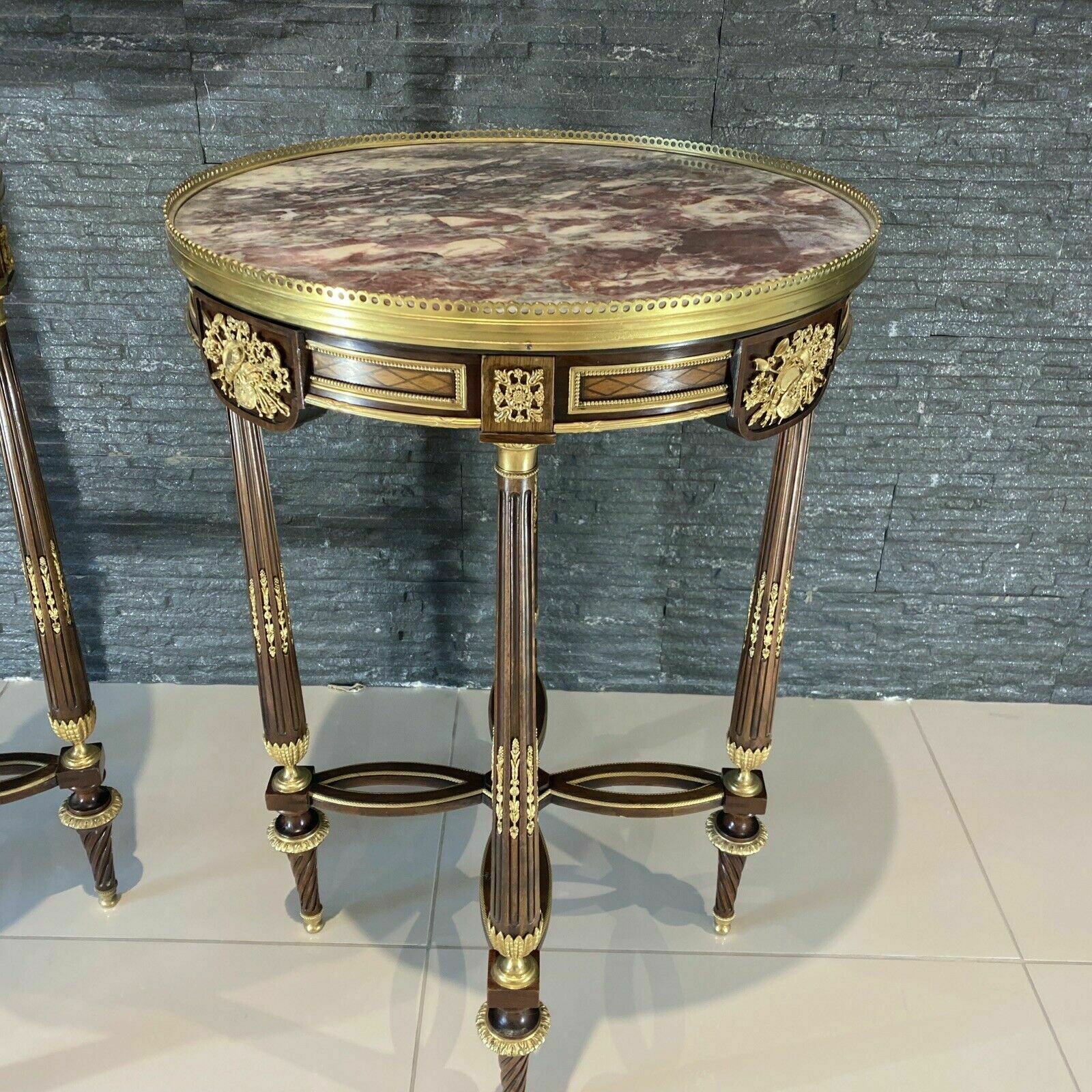 2 French Louis XV Style Ormolu Mounted And Marquetry Gueridon Side Table Marble photo for sale