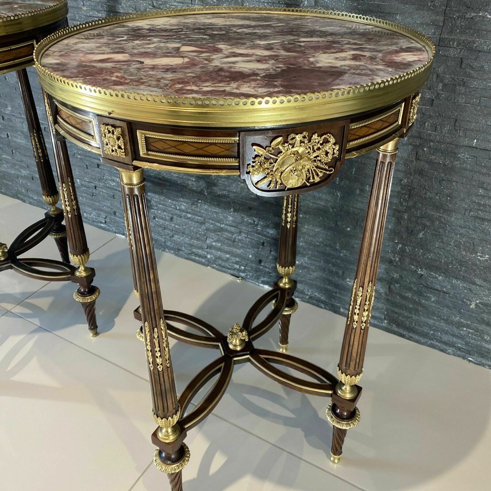 2 French Louis XV Style Ormolu Mounted And Marquetry Gueridon Side Table Marble photo 29500.0