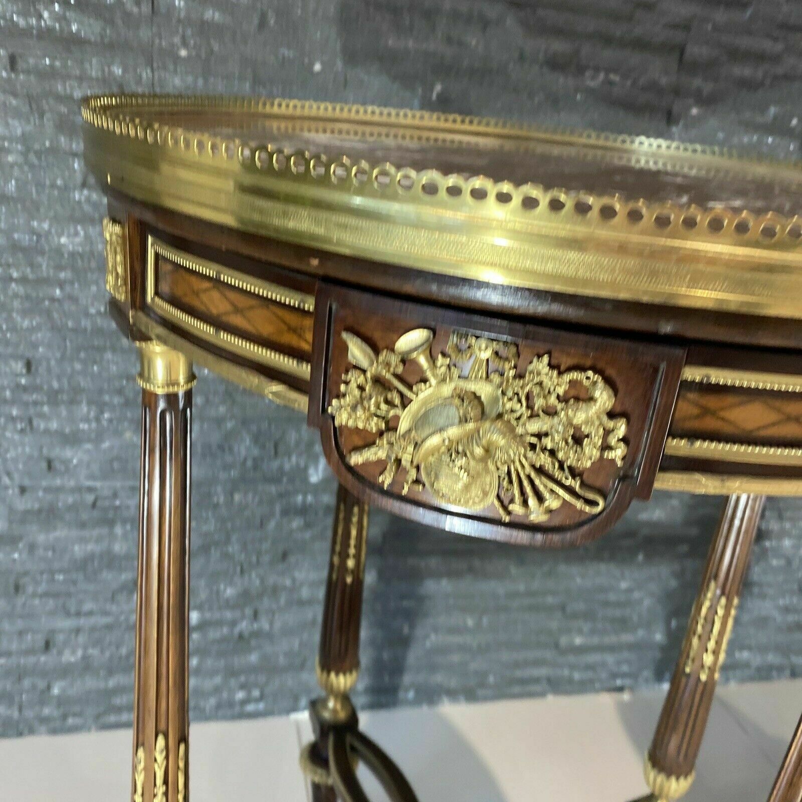 2 French Louis XV Style Ormolu Mounted And Marquetry Gueridon Side Table Marble photo vinterior
