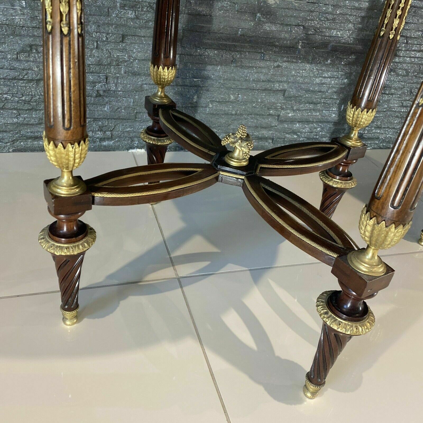 2 French Louis XV Style Ormolu Mounted And Marquetry Gueridon Side Table Marble photo vintage