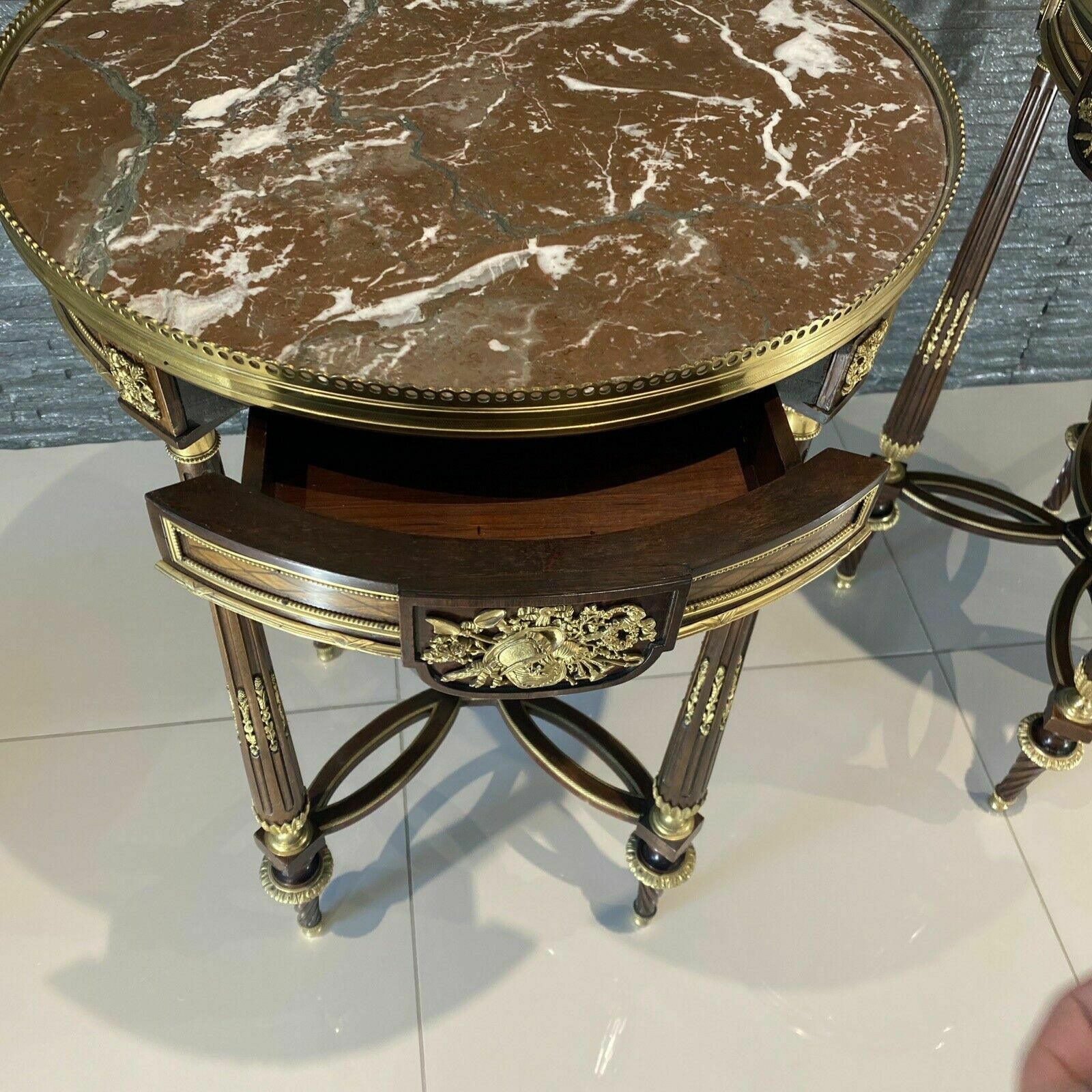 photo furniture 2 French Louis XV Style Ormolu Mounted And Marquetry Gueridon Side Table Marble