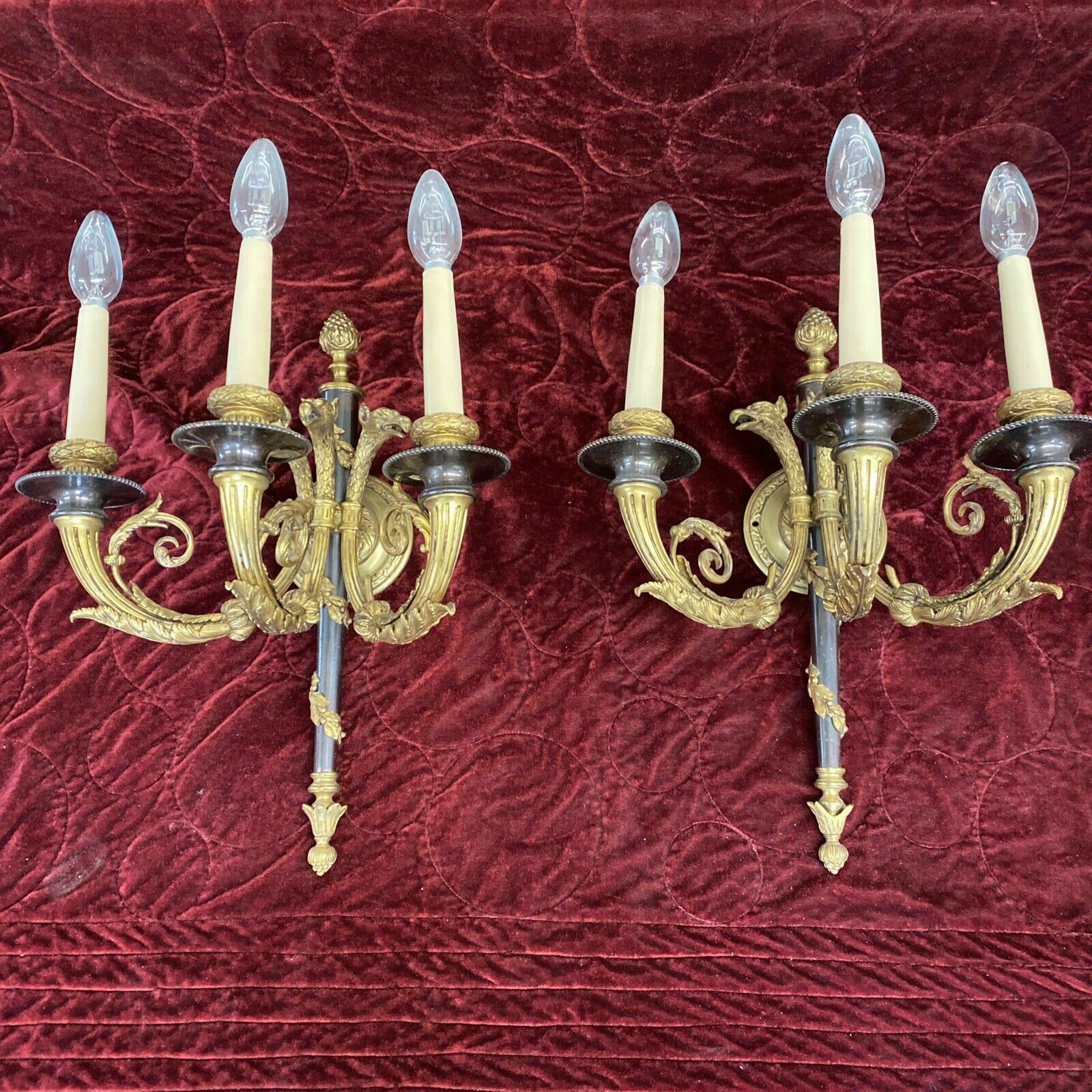 Set 2 Pair Antique Gilt Bronze Wall Sconces Lights Louis XV 19th Century Brass