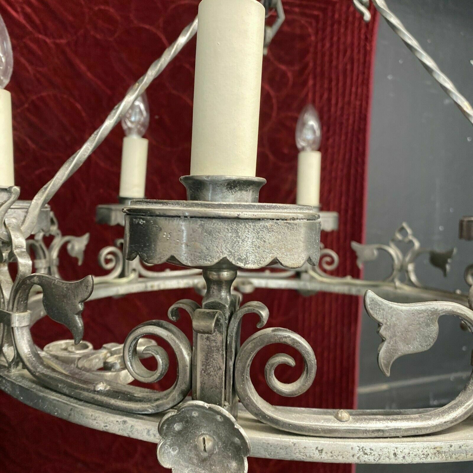 V Large Antique 19th Century Gothic Revival Wrought Iron French Chandelier Light photo Lighting