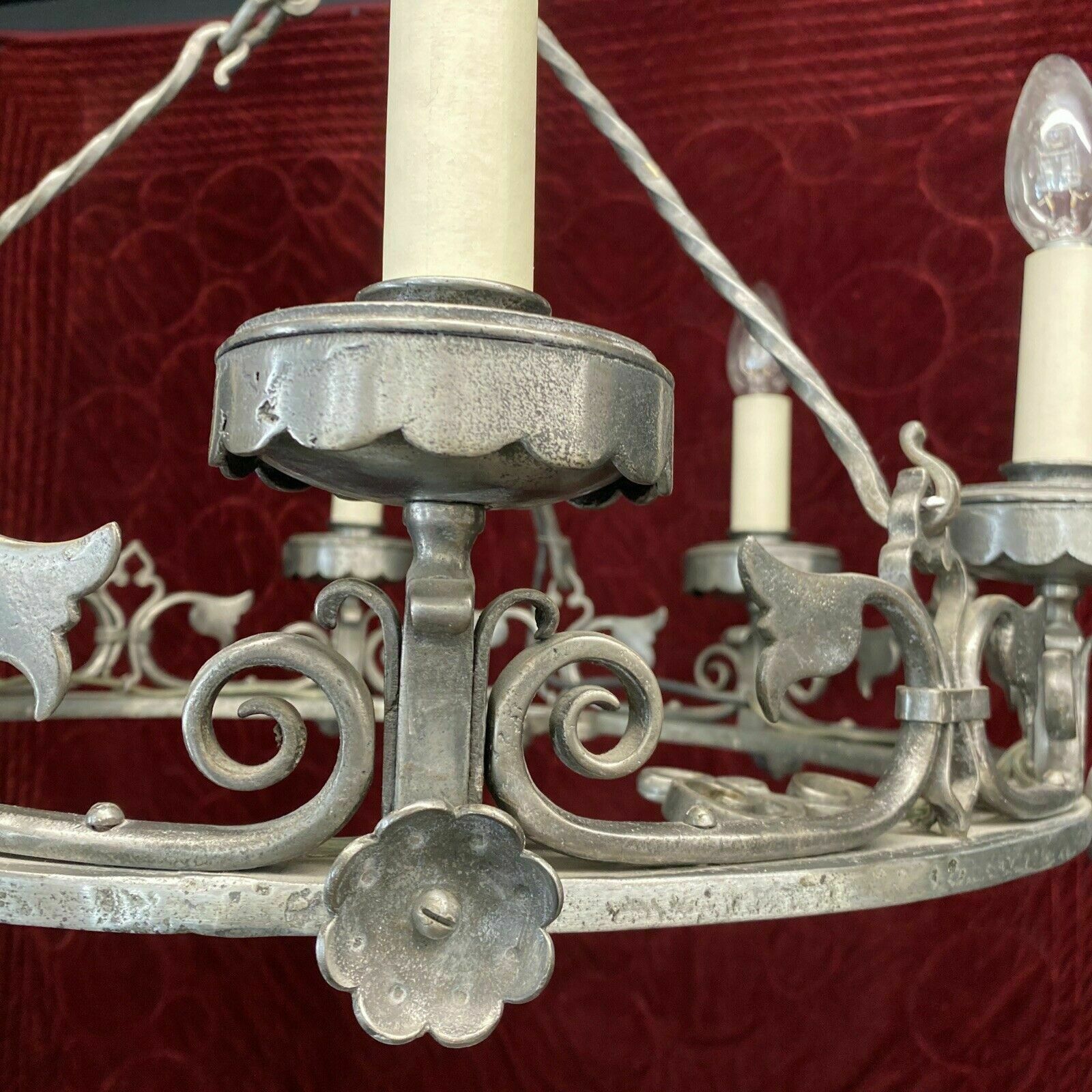 V Large Antique 19th Century Gothic Revival Wrought Iron French Chandelier Light photo vintage