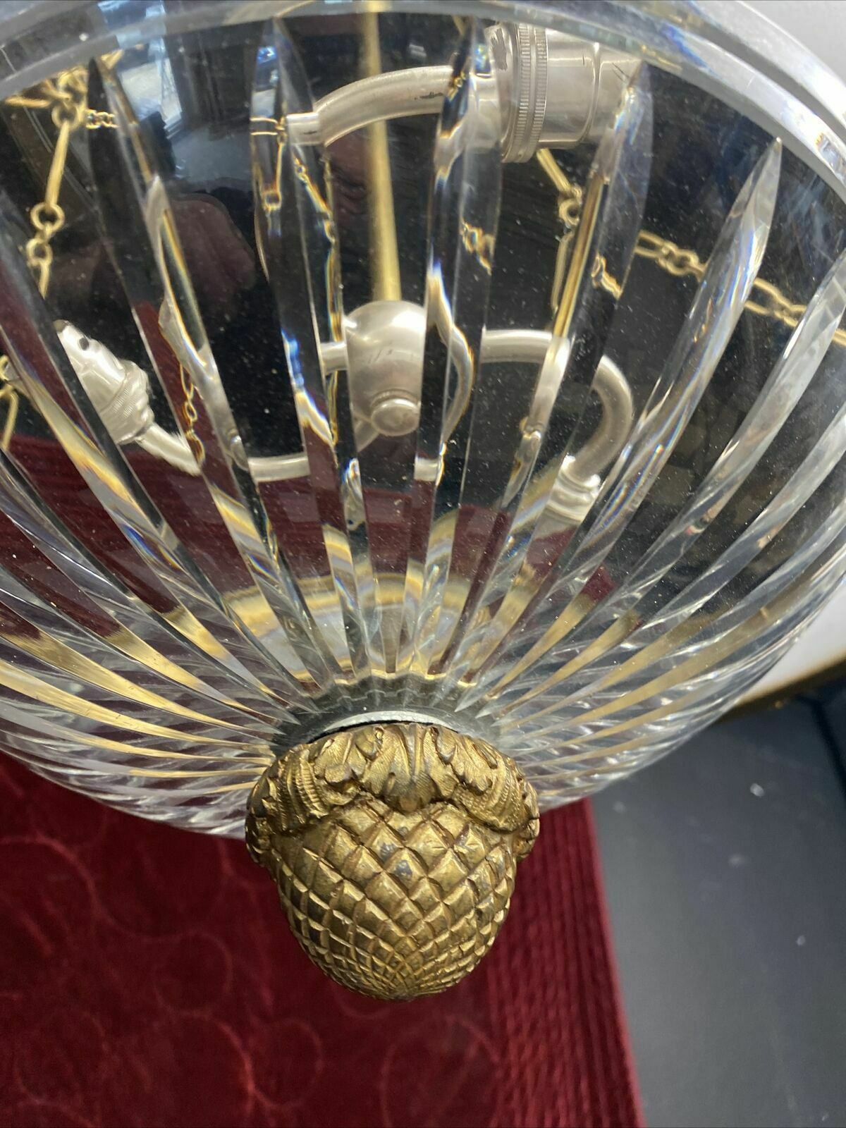 Xl Antique Gilt Brass Cut Etched Glass Ceiling Bowl Louis XV 19th Century Light photo vintage