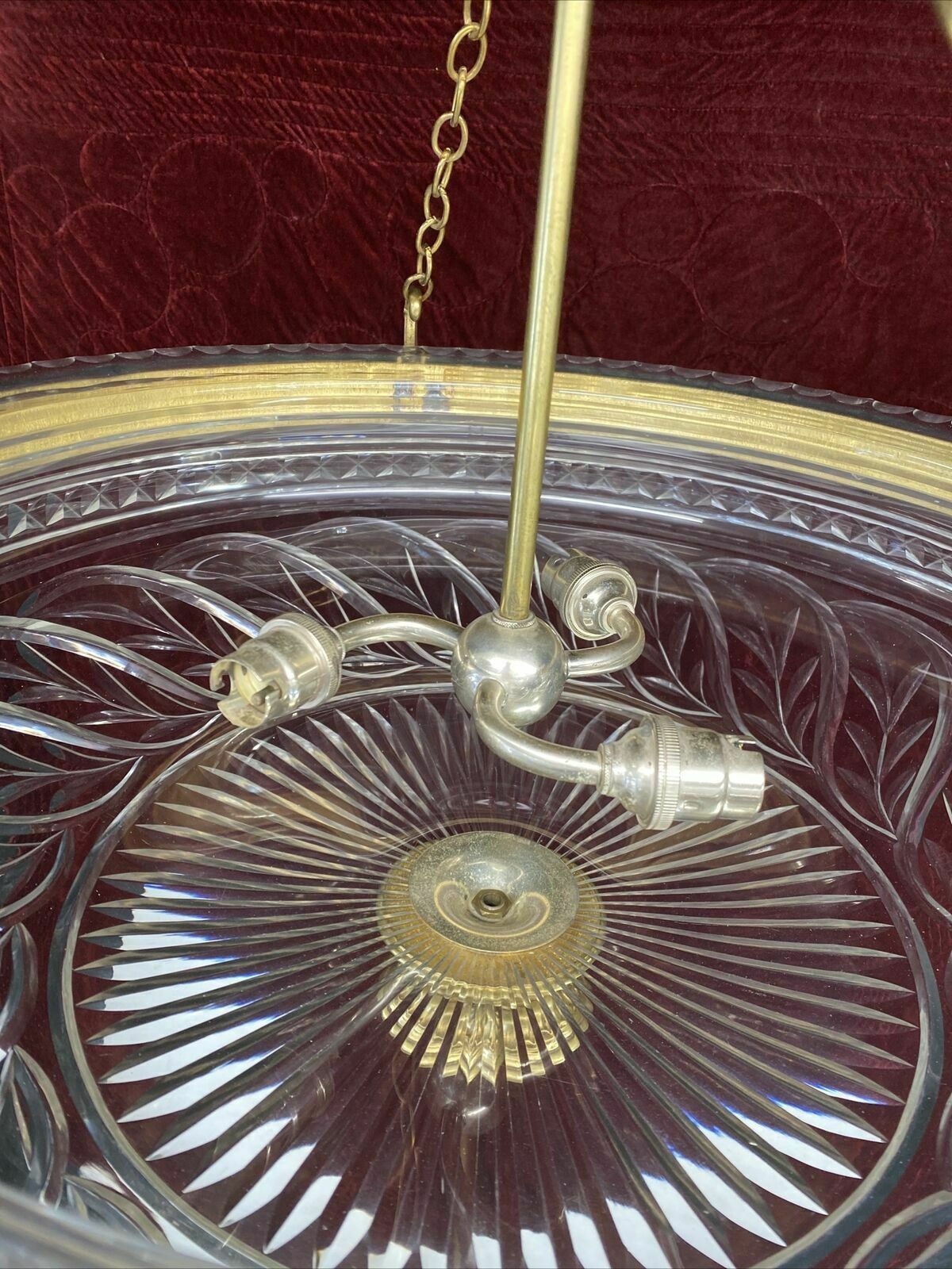 Large Antique Gilt Brass Cut Glass Ceiling Bowl Louis XV 19th Century Light Old photo vinterior