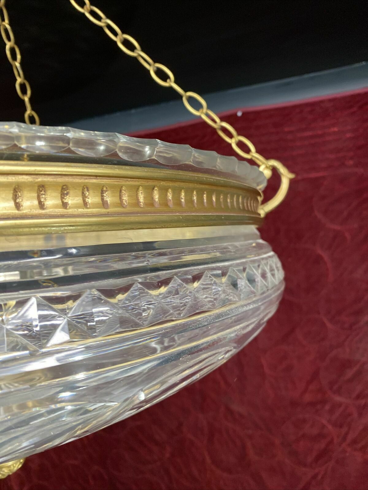 Large Antique Gilt Brass Cut Glass Ceiling Bowl Louis XV 19th Century Light Old photo vintage