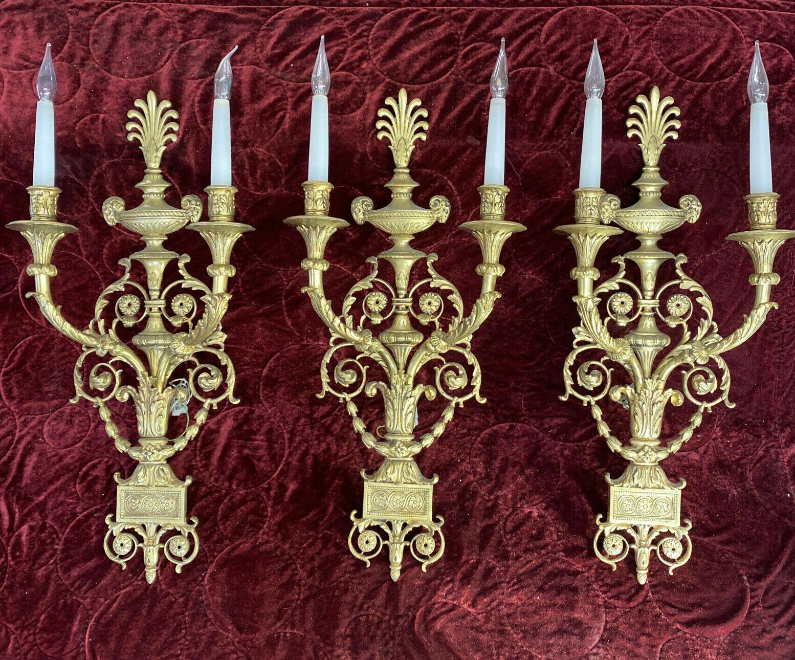 Set 3 Large Antique Gold Gilt Brass Wall Sconces Lights Louis XV 19th Century
