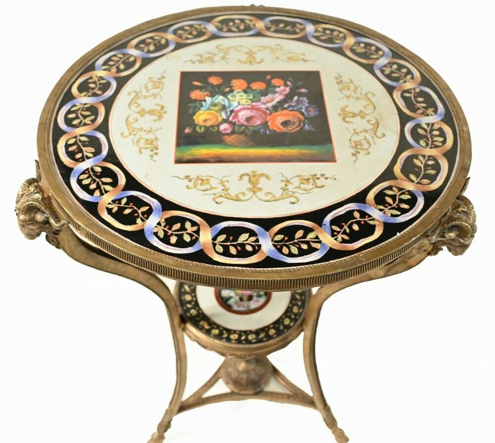 Pair French Tables   Empire Ormolu Porcelain Side Tables Rams Heads Floral photo Furniture