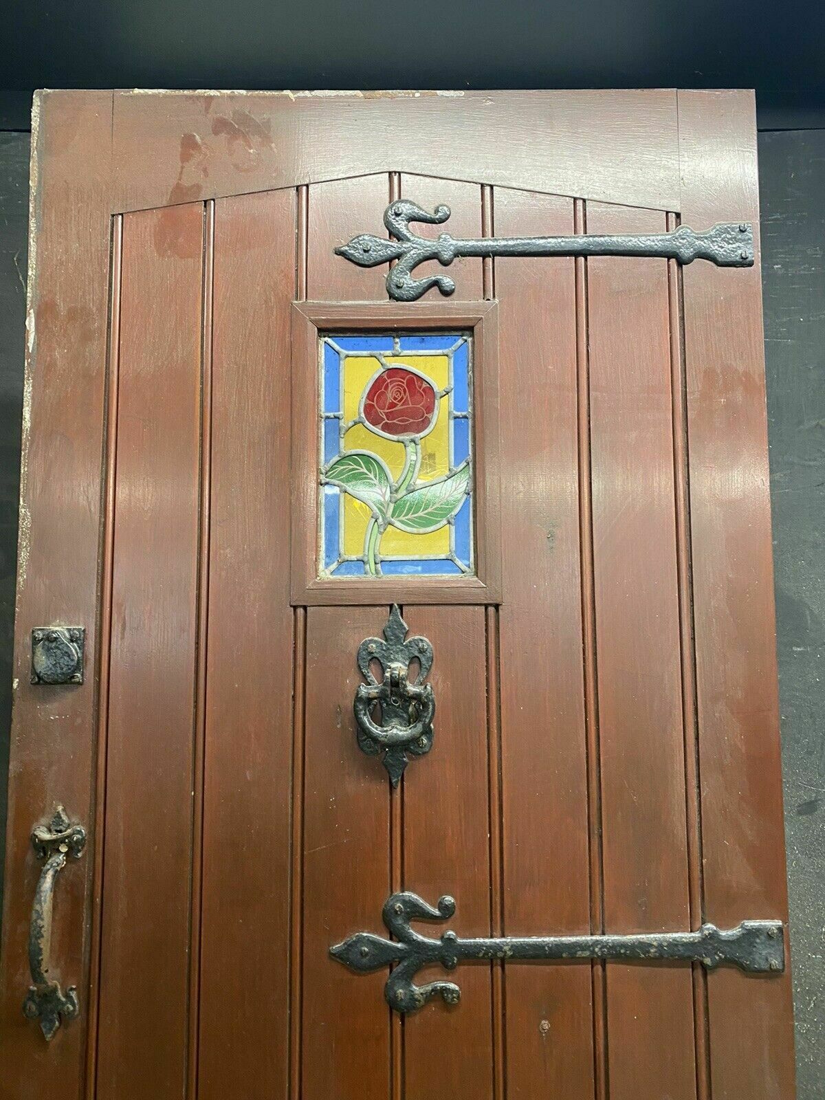 Cottage Stained Glass Front Door Antique Period Reclaimed Old Pine Wood Iron photo furniture