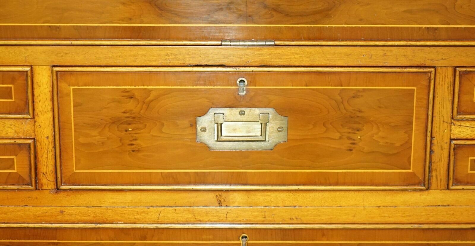 Harrods Kennedy Burr Yew Wood Green Leather Secrataire Desk Chest Of Drawers photo vintage