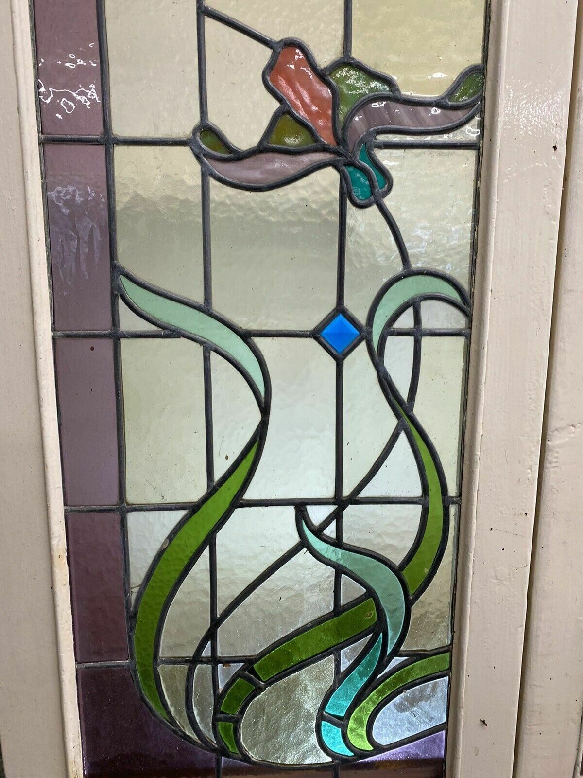 Pair Large Art Nouveau Stained Glass Windows Antique Period Lead Old Reclaimed photo Home Fixtures