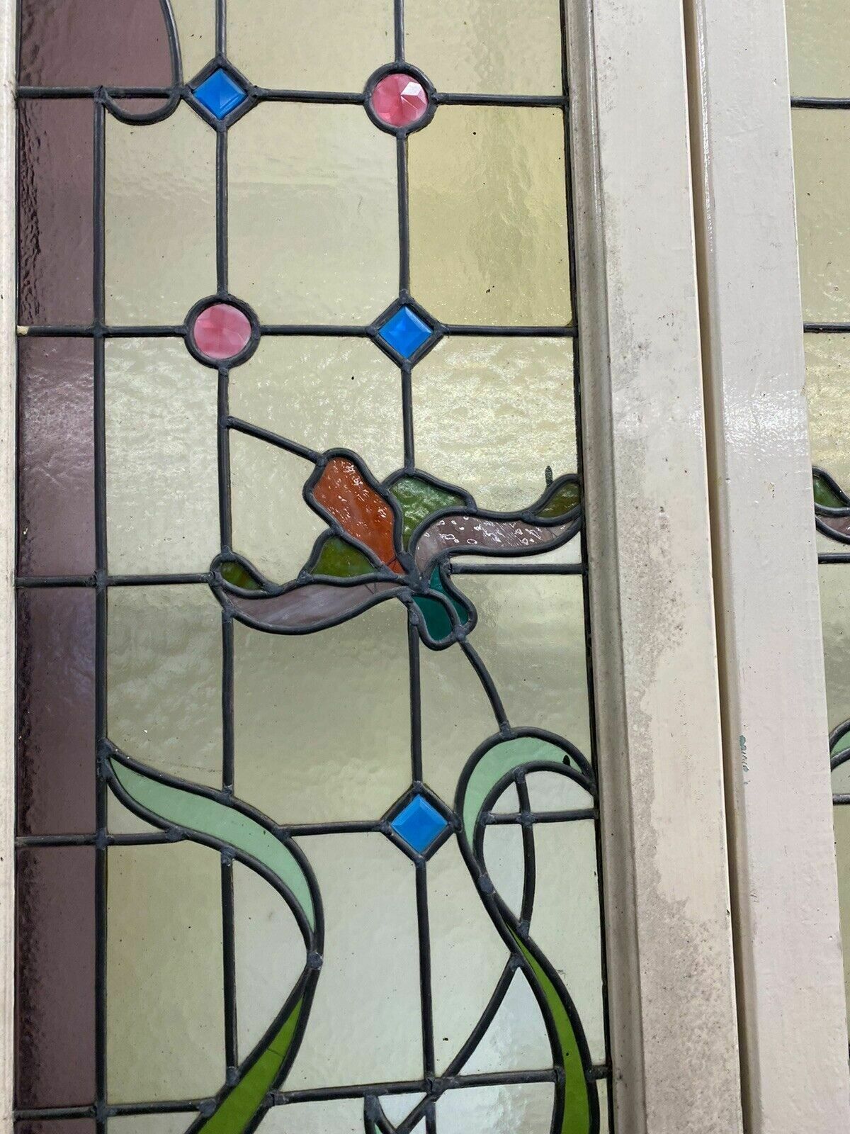 Home Fixtures Pair Large Art Nouveau Stained Glass Windows Antique Period Lead Old Reclaimed photo