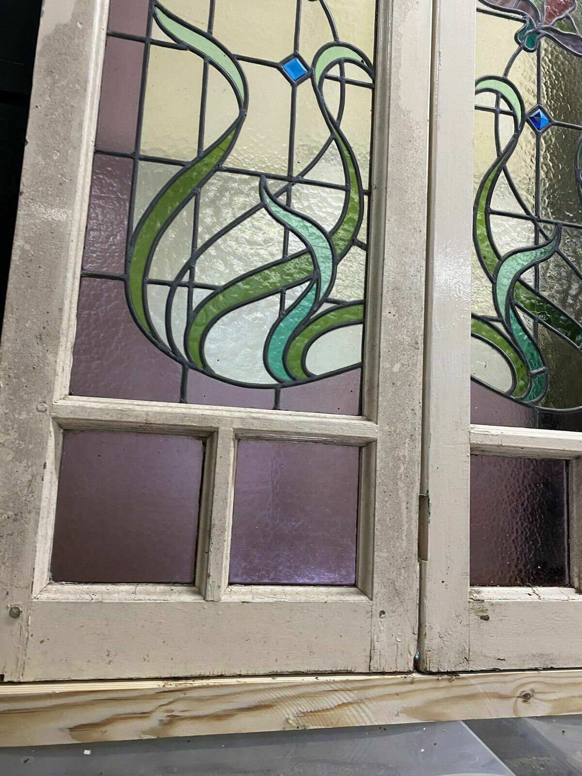 1947.0 Pair Large Art Nouveau Stained Glass Windows Antique Period Lead Old Reclaimed photo