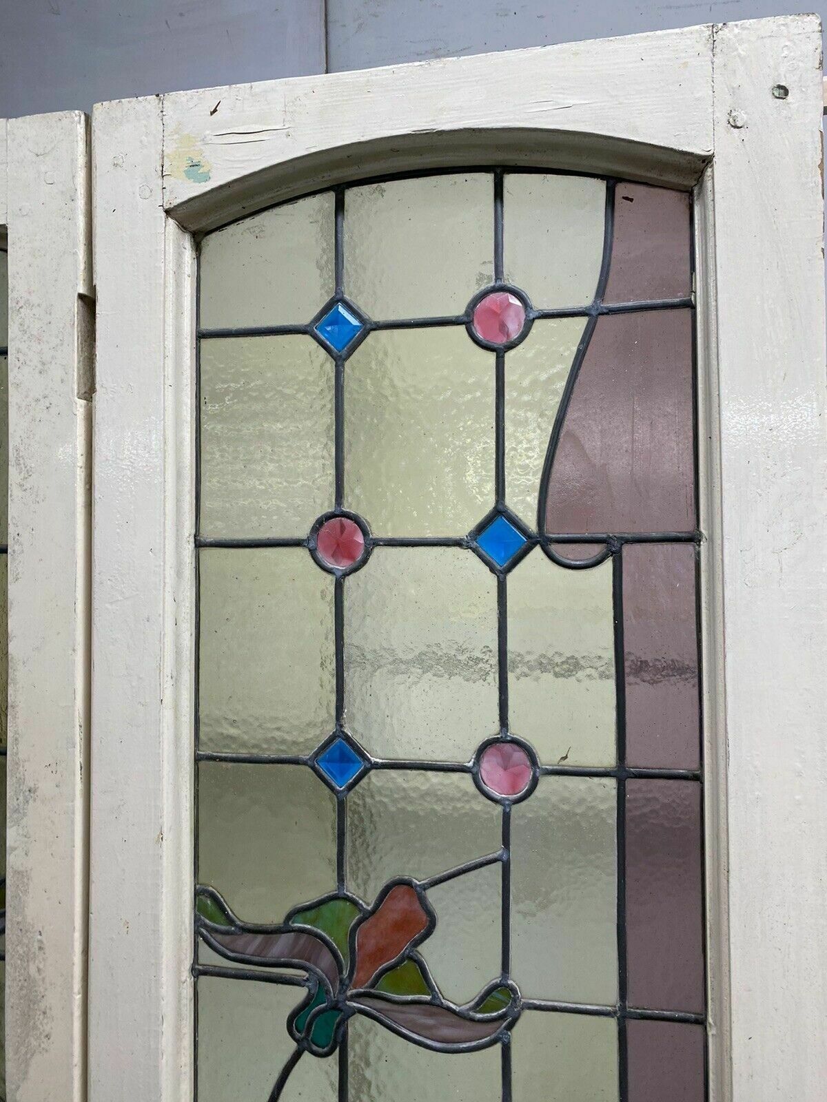 photo vinterior Pair Large Art Nouveau Stained Glass Windows Antique Period Lead Old Reclaimed