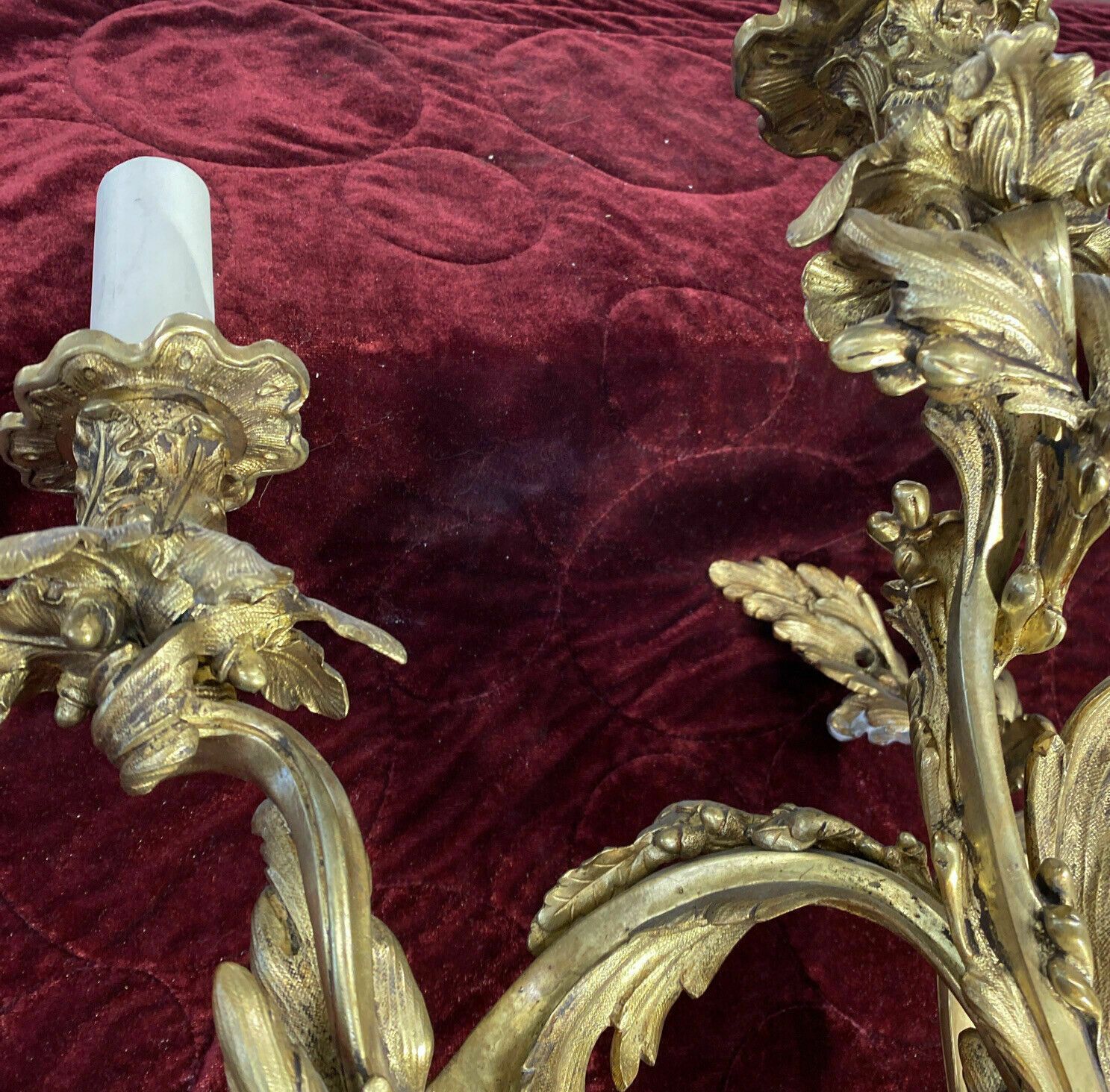 Set 2 Large Antique Gold Gilt Brass Wall Sconces Lights Louis XV 19th Century photo Lighting