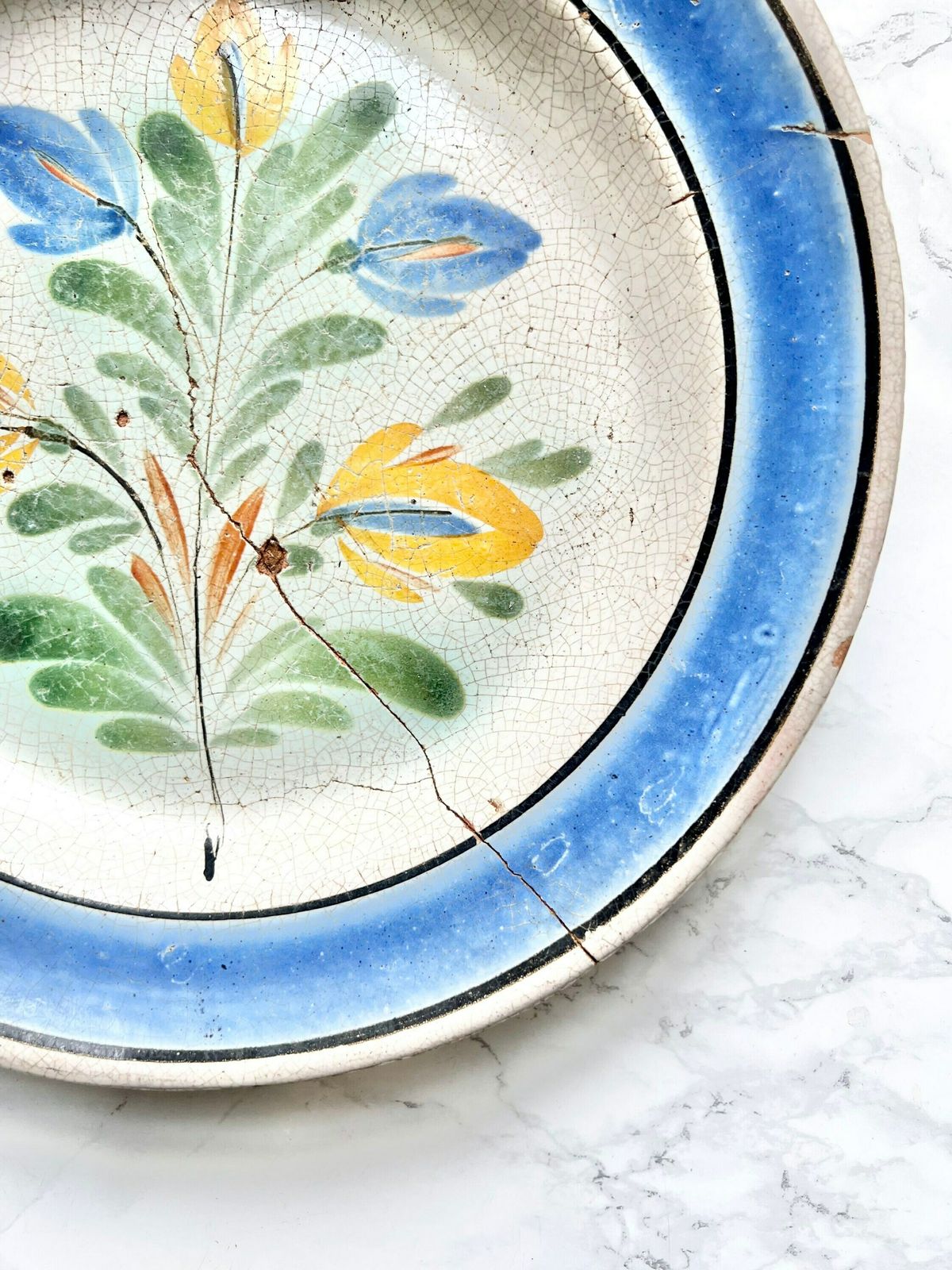 Rare Antique French "Cul Noir" Dish Hand Painted 1700 Blue Yellow Pottery photo for sale