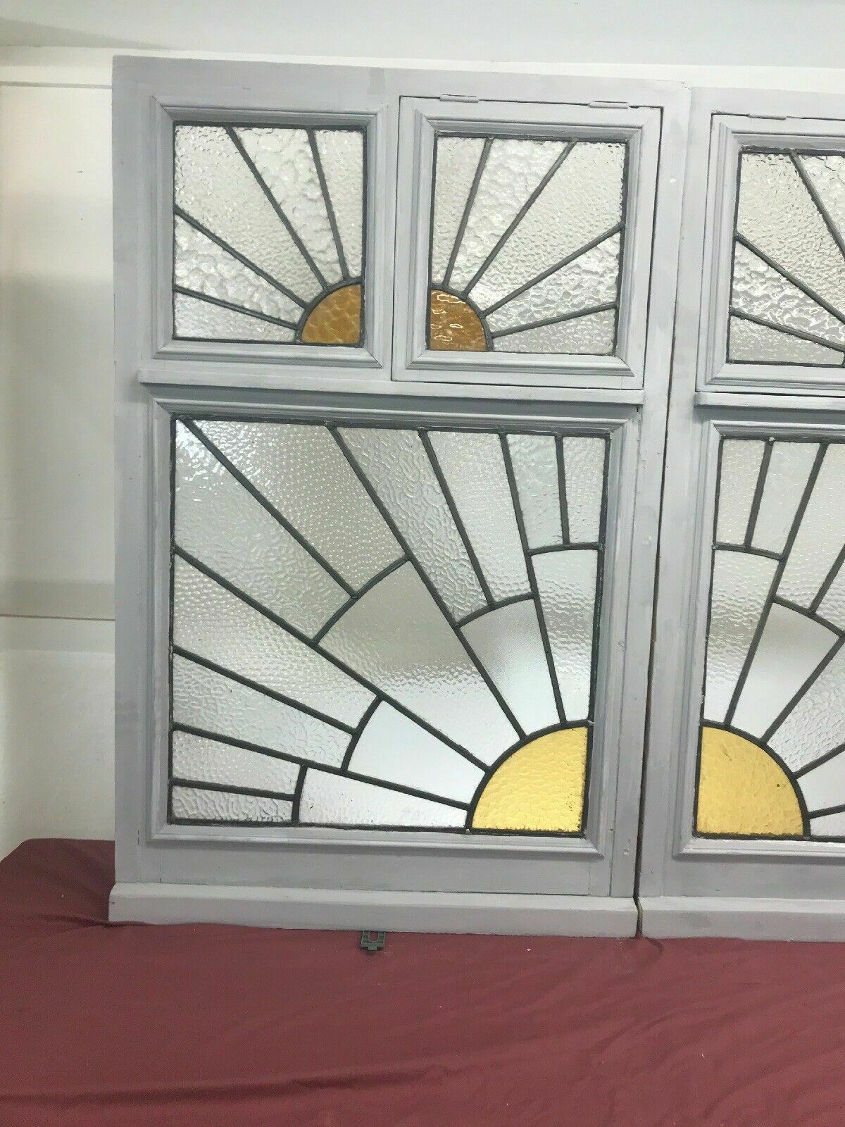 Pair Large Art Deco Stained Glass Windows Antique Period Lead Old Reclaimed Wood photo furniture